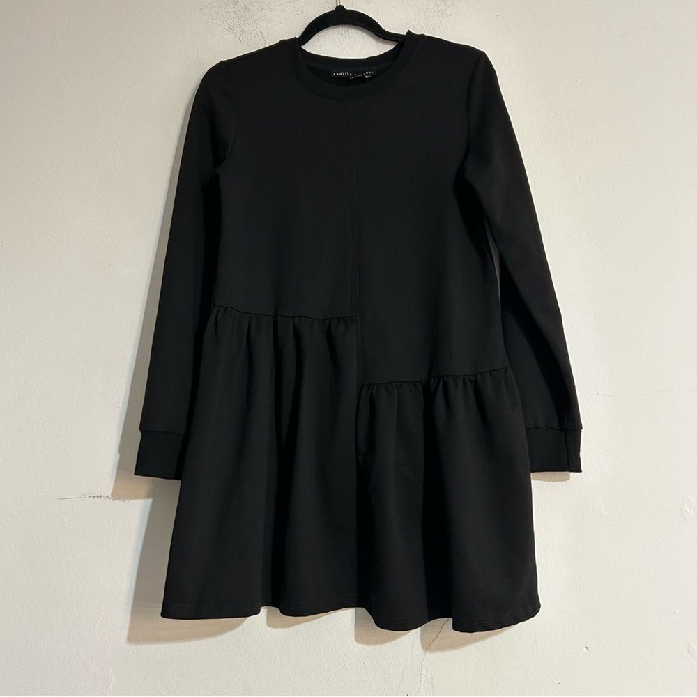 English Factory Knit Unbalanced Seam Long Sleeve Mini Dress in Black Size Small